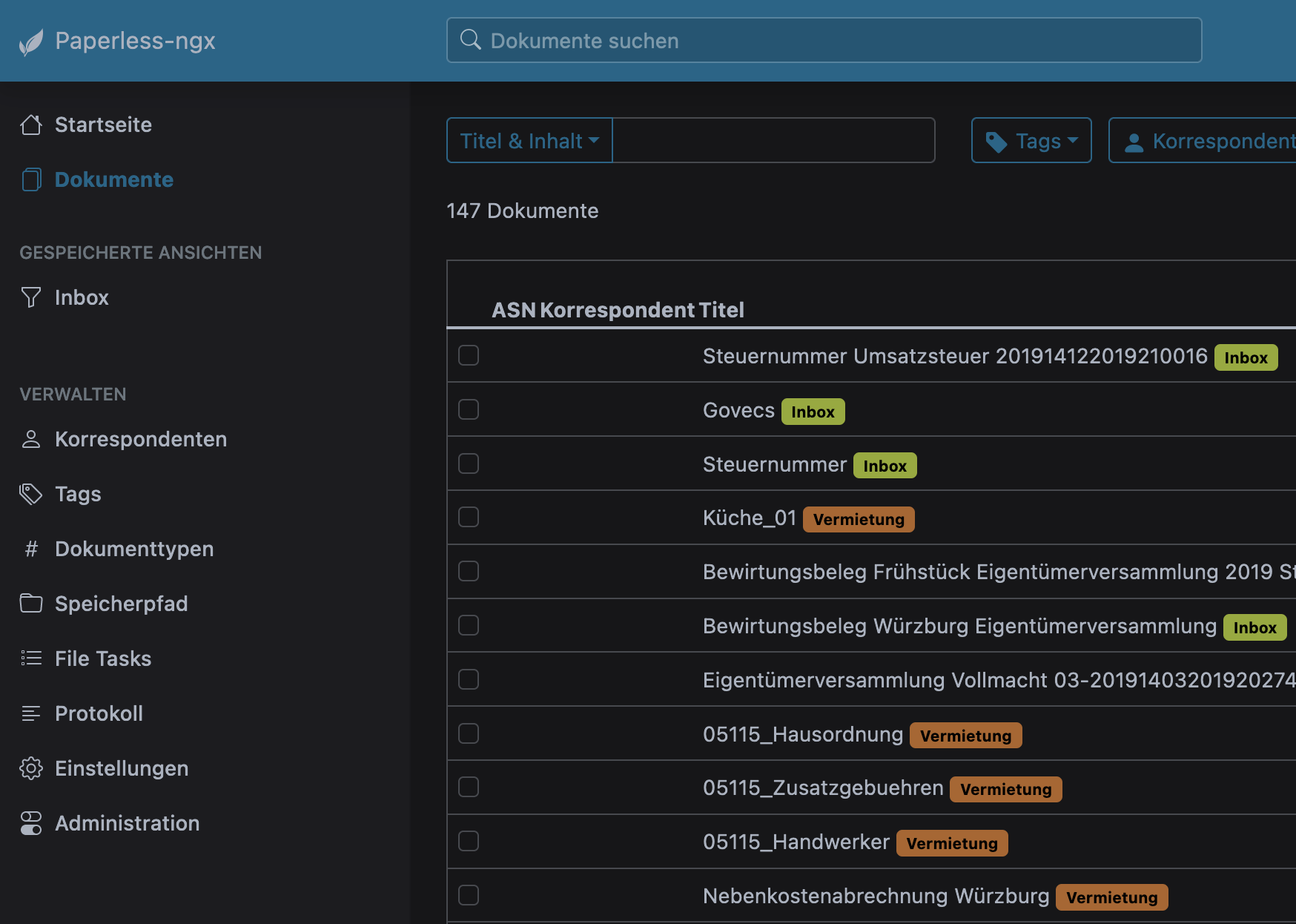 paperless-ngx GUI (Dokumentenmanagement Software)